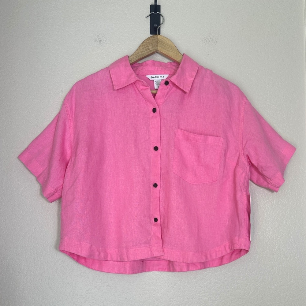 Athleta Retreat 100% Linen Shirt Women Small Pink Short Sleeve Boxy Crop Coastal - Picture 2 of 10